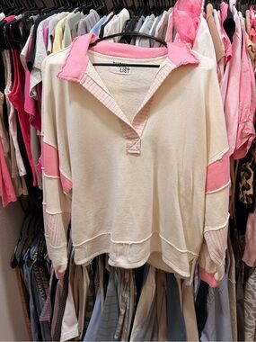 The BUCKET LIST Cream & Pink Pullover Collar Top
